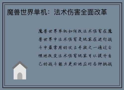 魔兽世界单机：法术伤害全面改革